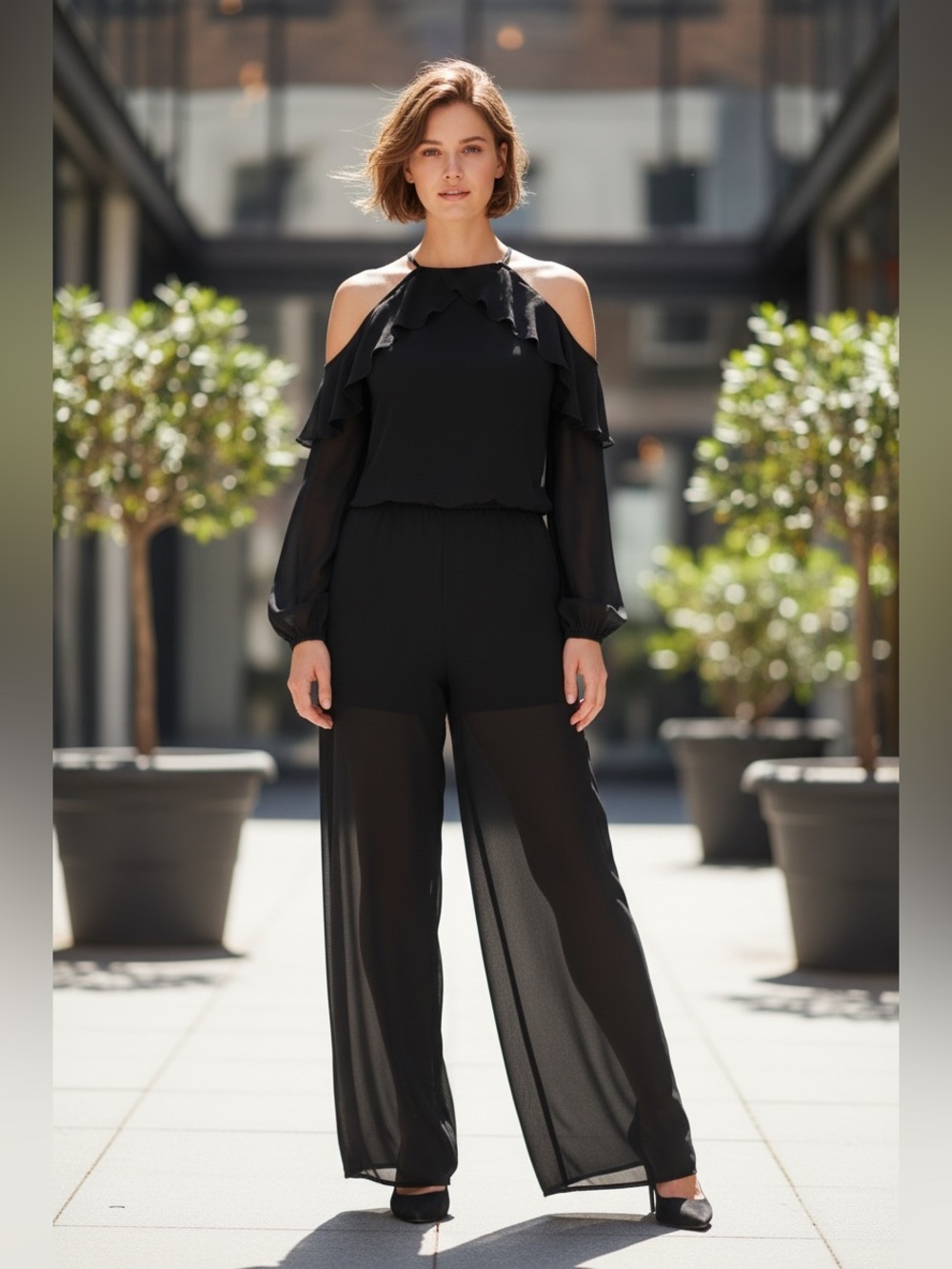 Michael Kors XS Black Chiffon Cold Shoulder Wide Leg Jumpsuit Ruffle Sheer